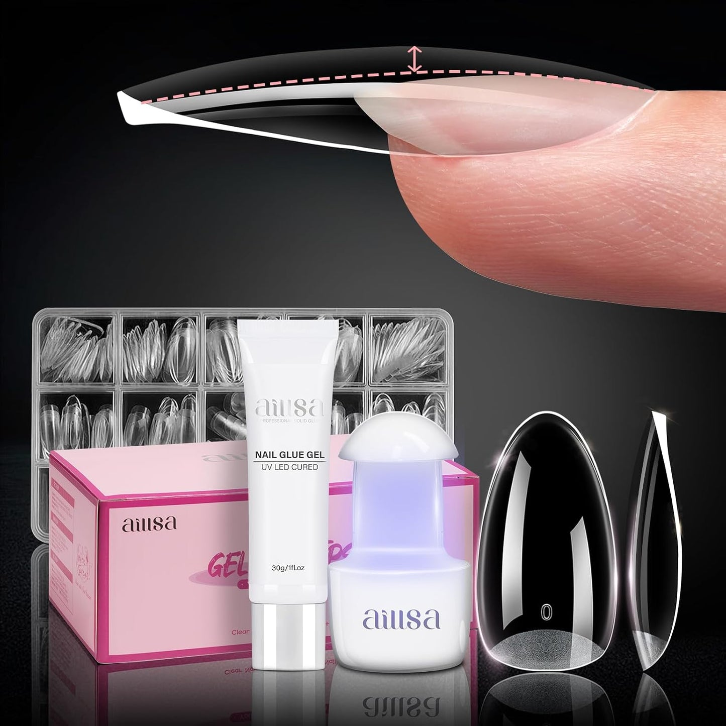Nail Extension Kit - Medium Almond Nail Tips 224pcs | Solid Gel Glue 30g & Nail Lamp for DIY Home Salon