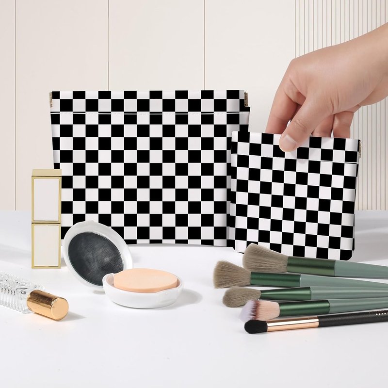 Makeup Bag Set - 2 PCS PU Leather Cosmetic Organizer for Travel | Checkered Design, Portable Self-Closing Pouch