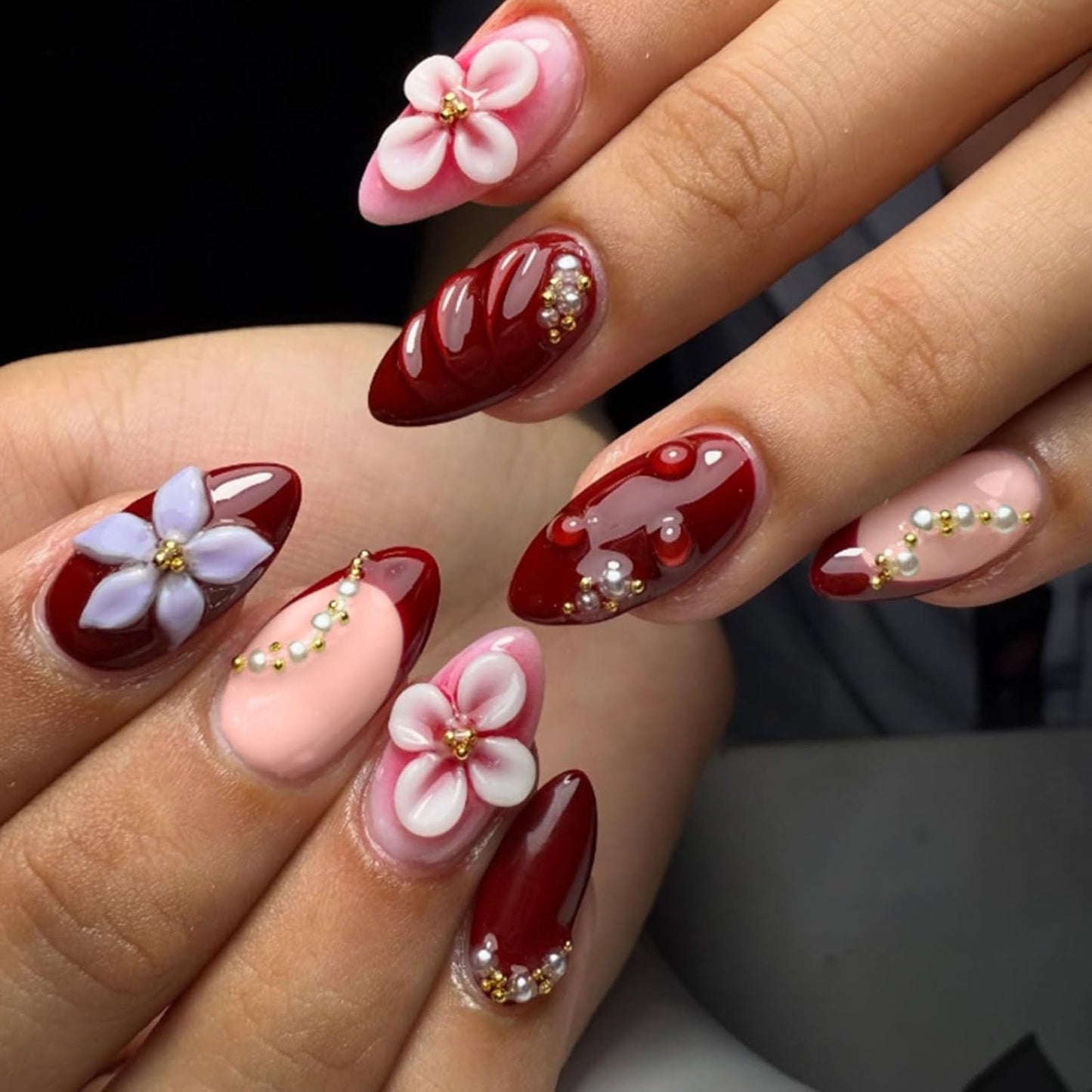 French Tip Press-On Nails - Medium Almond Shape with 3D Bow & Pearl Charms | 24 Pcs Spring Design