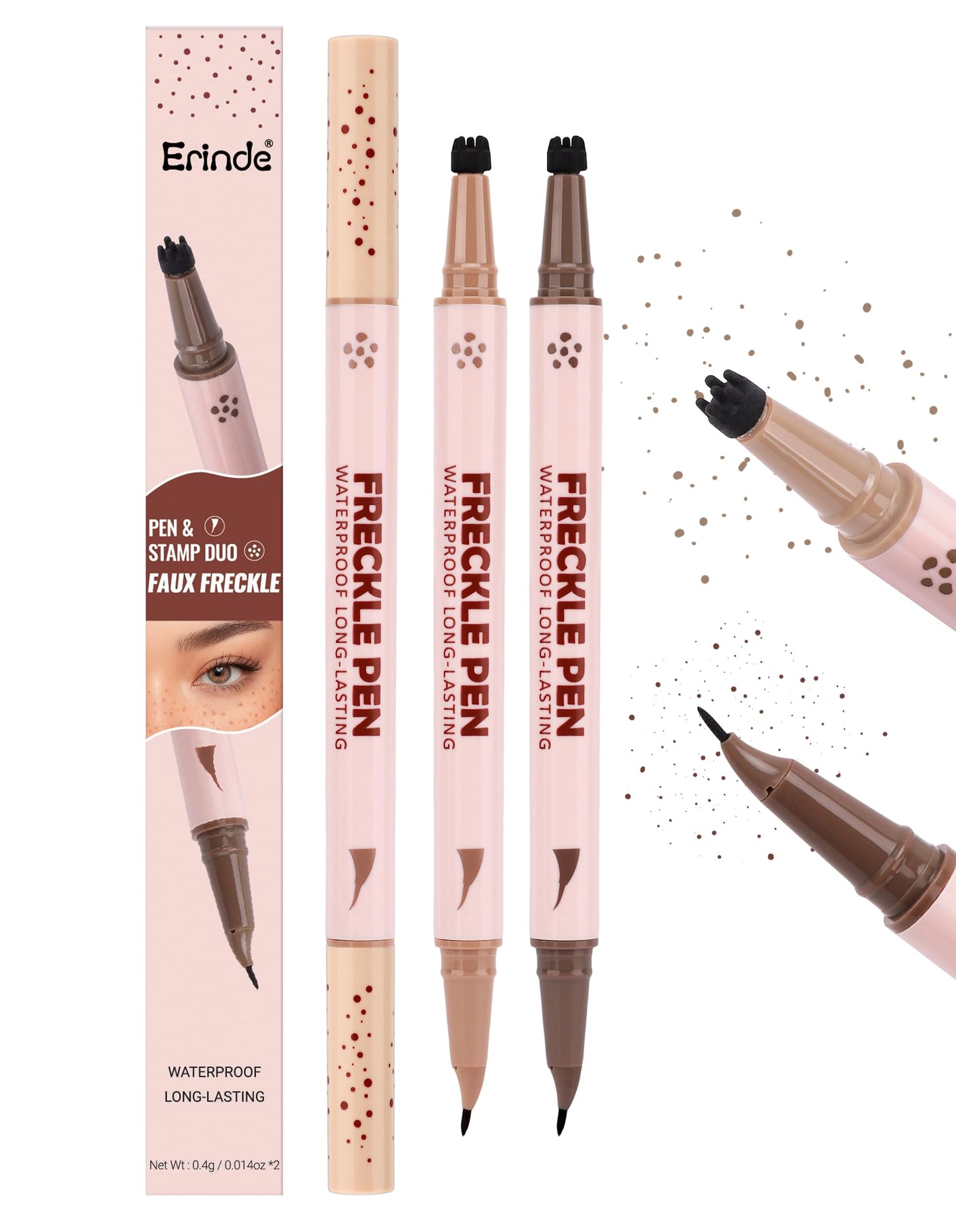 Erinde 2-In-1 Dual-Ended Freckle Pen & Freckle Stamp, 2PCS Waterproof Freckles Makeup with Precise Curved Tip for Natural Lifelike Faux Freckles, Long-Lasting Smudge-Proof Fake Freck Pen, 02&03