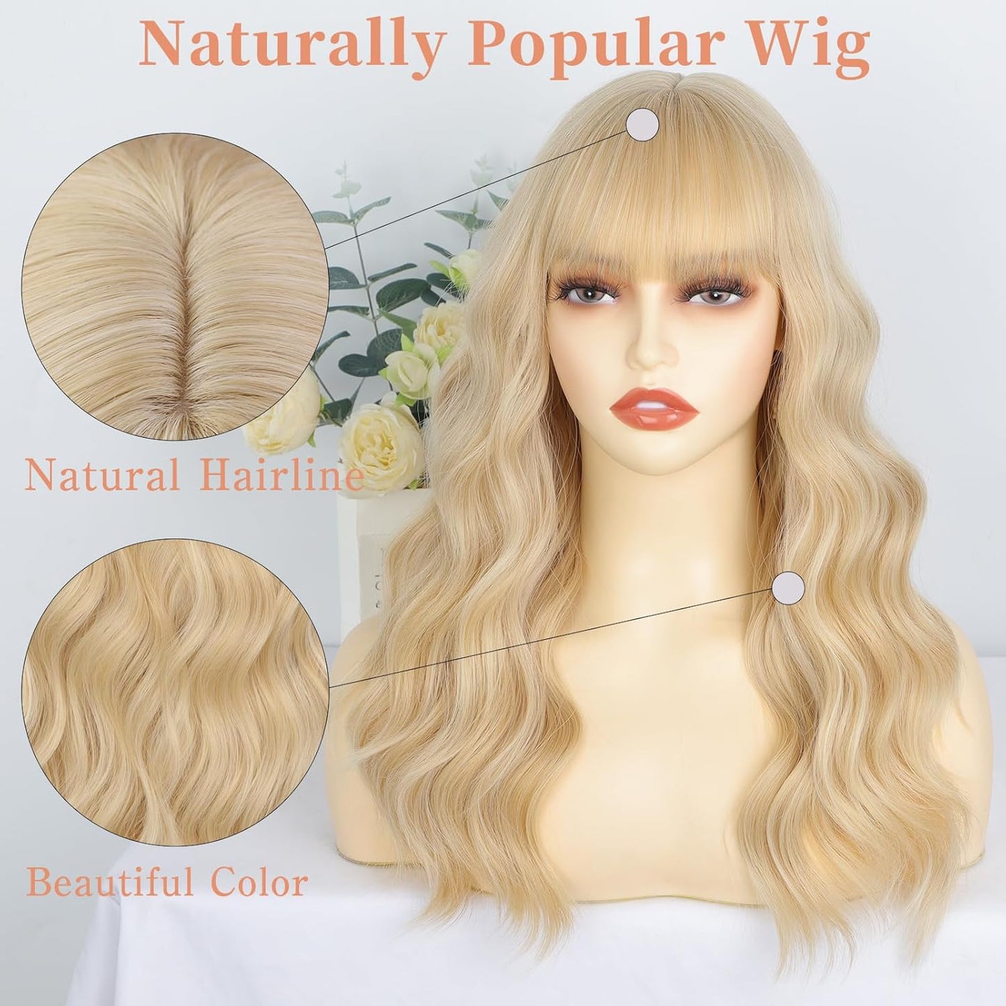 Blonde Wigs for Women - Long Wavy Curly Synthetic Wig with Bangs | Heat Resistant 20 Inch