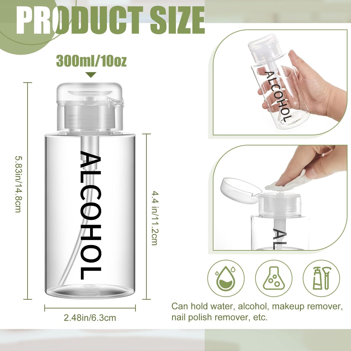 Layhit 1 Pc 10 oz Alcohol Pump Dispenser Bottles Alcohol Push Down Liquid Dispenser Empty Pumping Bottle Refillable Cosmetic Container for Personal, Salon, Nail Care (Clear Cap + Clear Bottle)