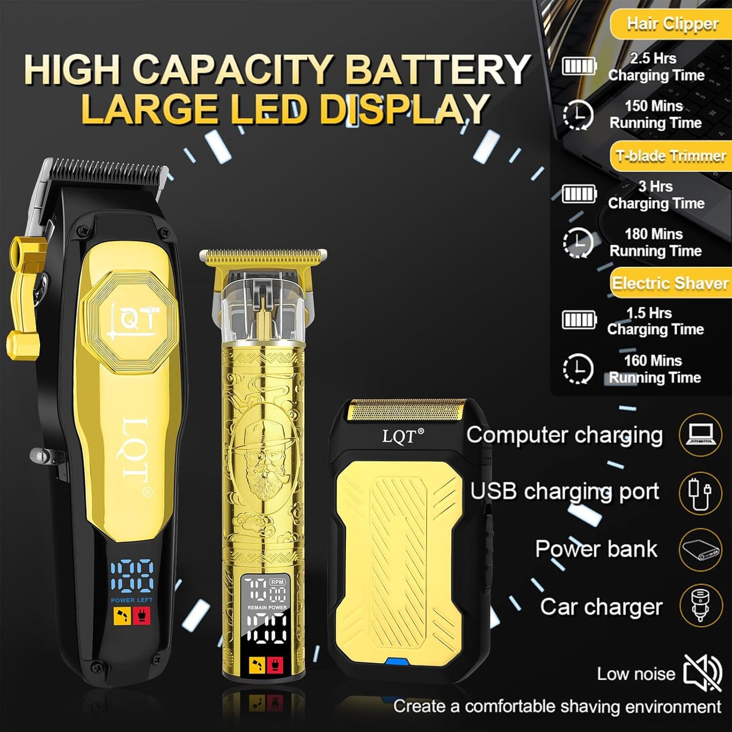 Cordless Hair Clippers for Men - Rechargeable Barber Clipper & Beard Trimmer Set | T-Blade, Adjustable Lever, LED Display, Gold