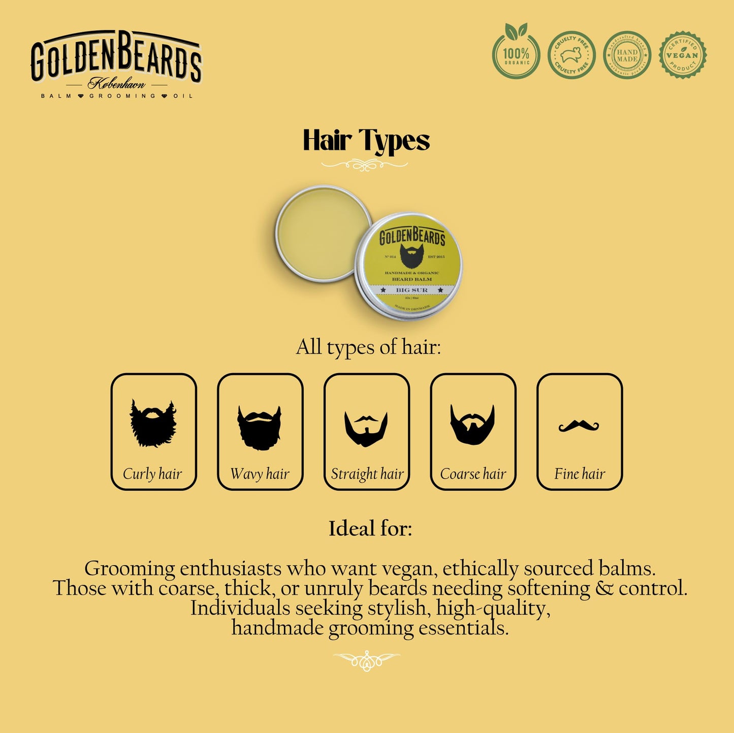 Golden Beards Organic Beard Balm Big Sur – Shea, Cocoa & Argan Butter Blend with Lime & Patchouli Scent – 60ml Vegan Beard Softener & Styling Balm, Handmade in Denmark.