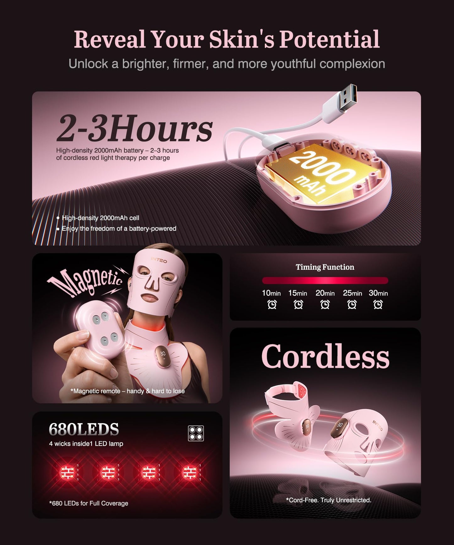 Red Light Therapy Mask for Face & Neck, 4 Light Modes 660nm & 850nm Red Infrared LED, 2000mAh Cordless LED Face Mask, 680 LEDs, Hands-Free Anti-Aging Skin Firming Portable Skincare for Home (Pink)