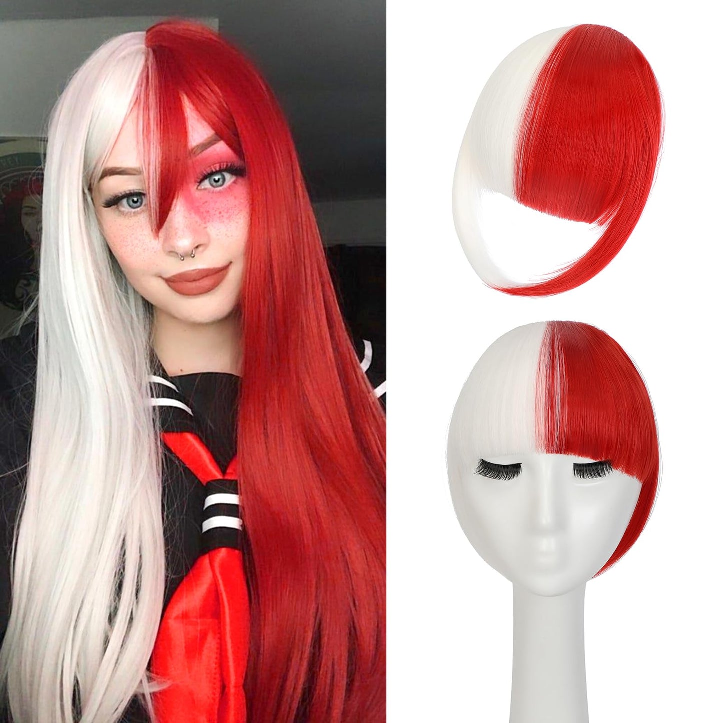 Cephermer Clip in Bangs, Synthetic French Bangs Hair Clip, Fake Bangs Fringe with Temples Hairpieces for Women Natural Curved Hair Extensions for Daily Wear White mix Red