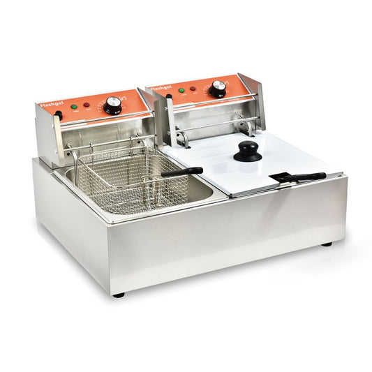 Commercial Deep Fryer with Basket 6-12L Capacity Adjustable Temperature and Timer Stainless Steel With lid Suitable for home/commercial/camping/outdoor (Double fry basket)