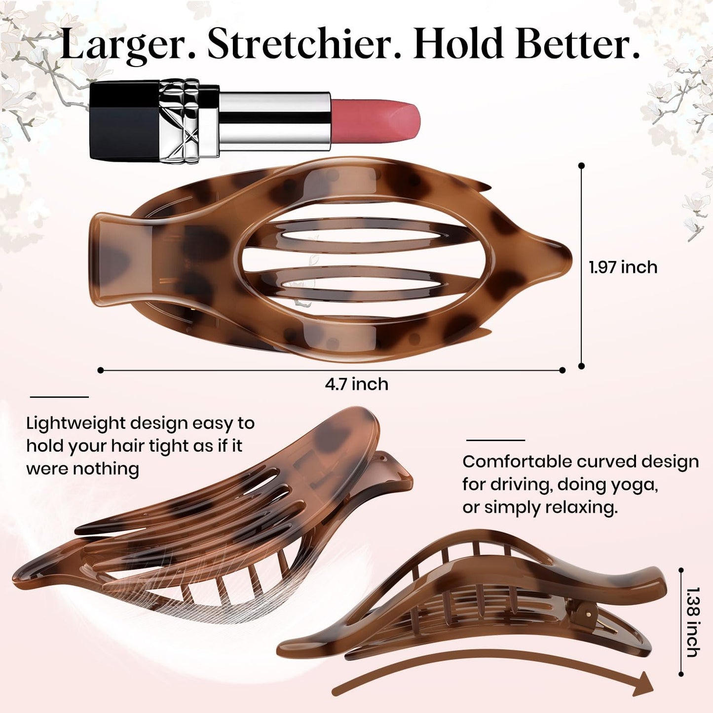 Oeusnael 4 PCS Large Flat Hair Clips for Women Girls, French Concord Lay Down Claw Clips for Thick Thin Hair, Comfortable Curved Flat Clip, Leopard Print Stylish Strong Hold Hair Accessories, Tortoise