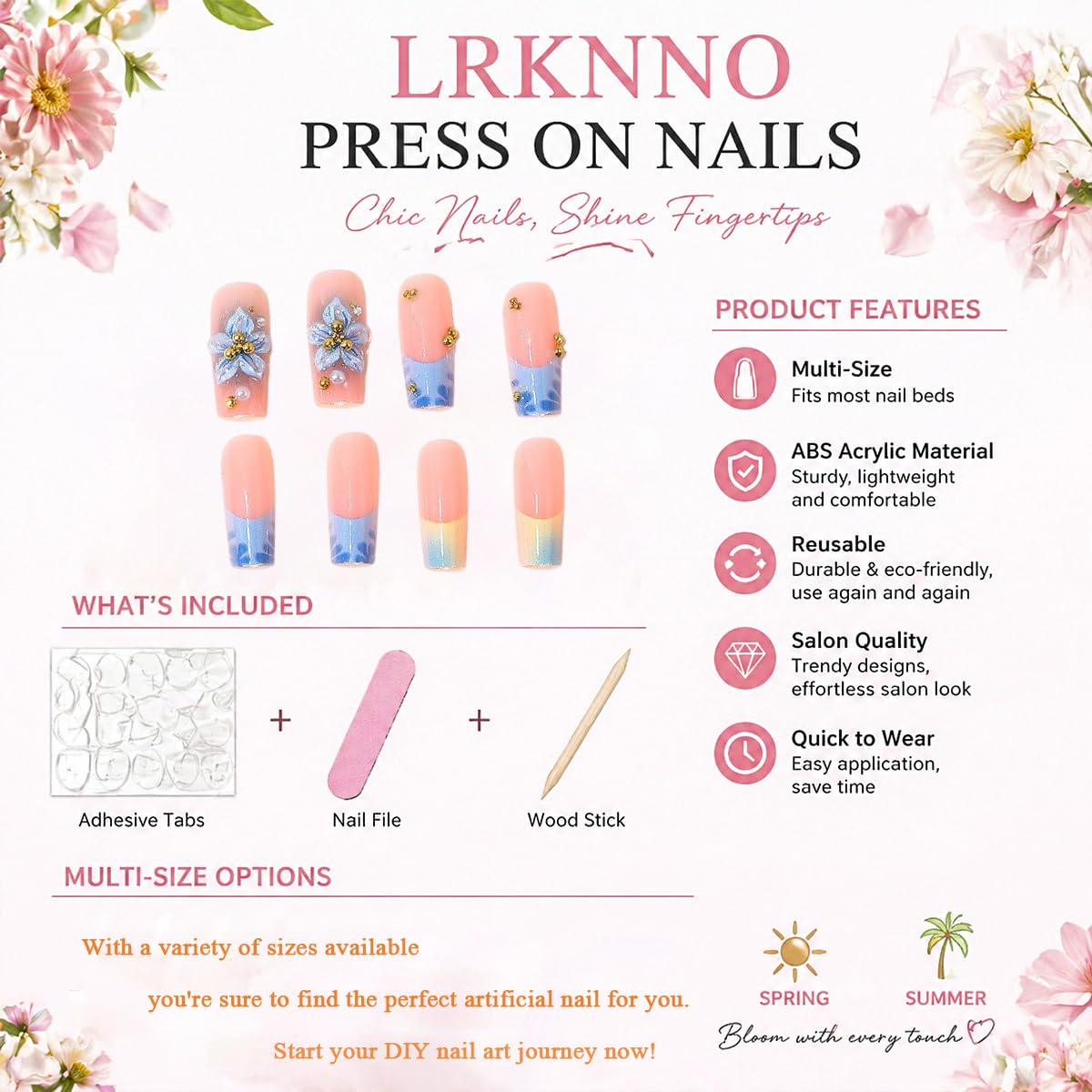 Blue French Tip Press On Nails Medium Square Fake Nails with Gold Pearl & Rhinestones Designs 3D Flower Artificial Nails Full Cover Reusable Glue On Nails Summer Acrylic False Nails for Women 24Pcs