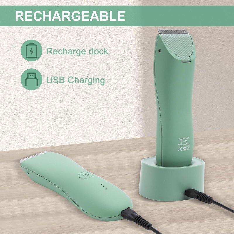 Pubic Hair Trimmer for Men and Women,Electric Shaver for Chest,Legs & Bikini,Waterproof Wet/Dry Shaver,USB Recharge Dock(Green)