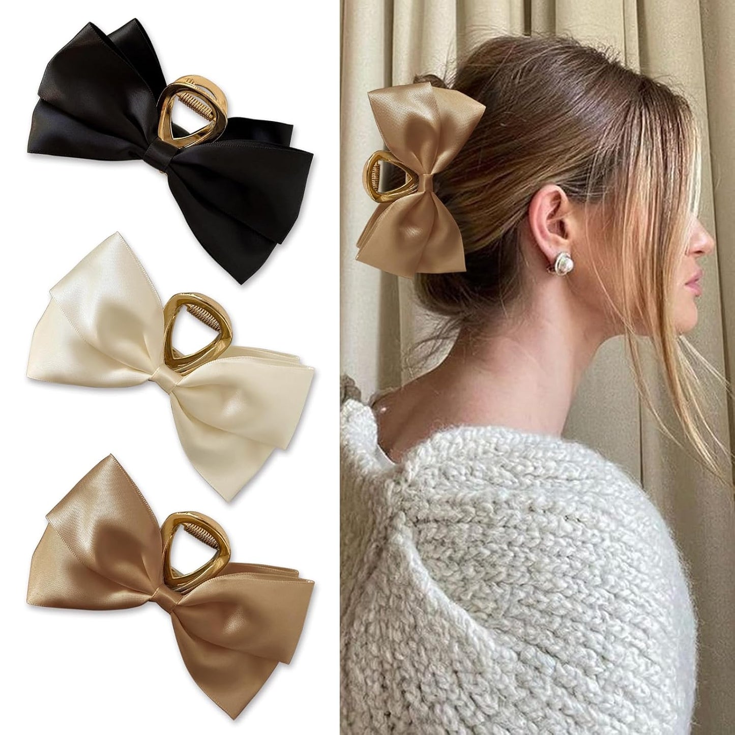 Stylish 3PCS Metal Claw Hair Clips - Premium Nonslip Bow-Knot Design for Thick & Thin Hair | Trendy Black, White, Khaki