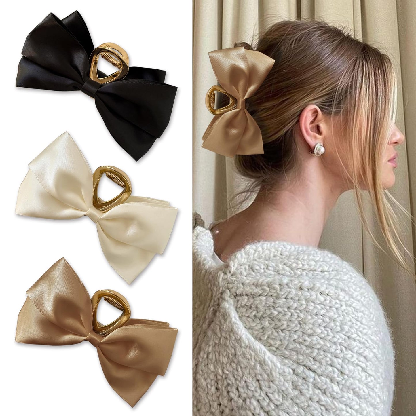 Stylish 3PCS Metal Claw Hair Clips for Women & Girls - Premium Bow-knot Nonslip Clips for Thick & Thin Hair, Big Bows in Trendy Black, White, Khaki!
