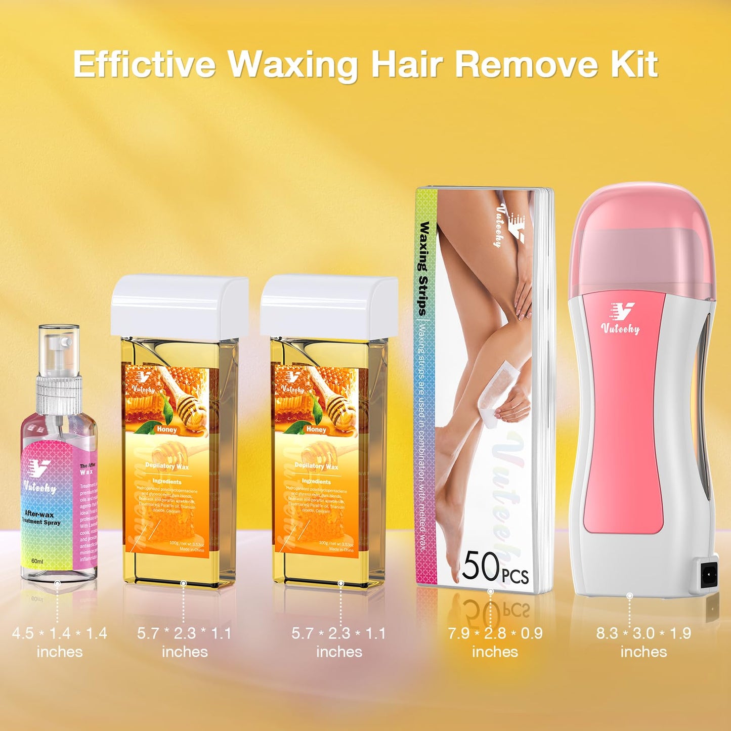 Vuteehy Roll on Waxing Kit, Roll On Wax kit for Hair Removal At Home, Waxing Kit for Women Men, Soft Wax Heater for Larger Areas of the Body, with 2 Honey Cartridges and 50 Wax Strips