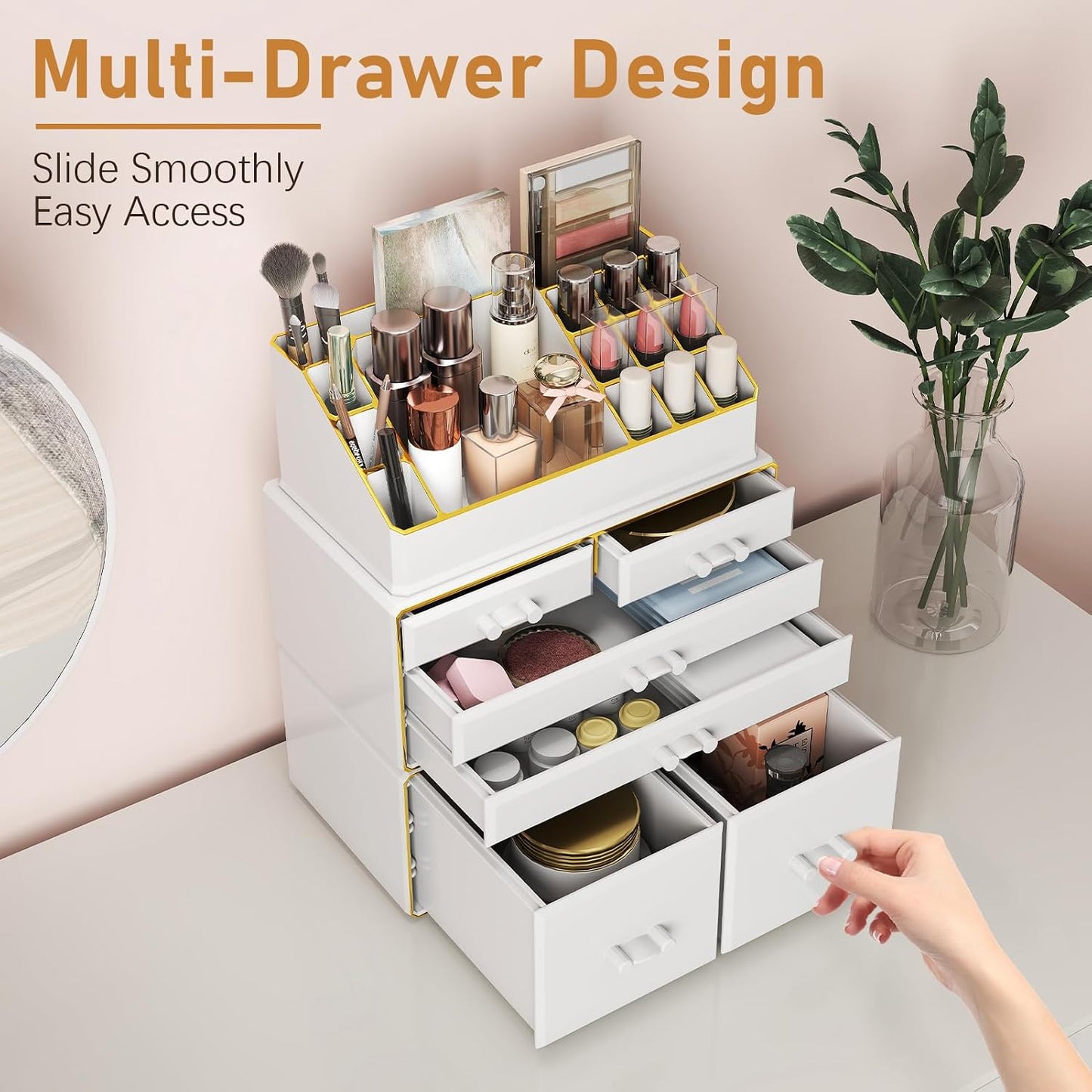 3-Tier 6-Drawer Makeup Organizer - Stylish Countertop Cosmetic Storage for Dresser & Vanity | White with Gold Edges