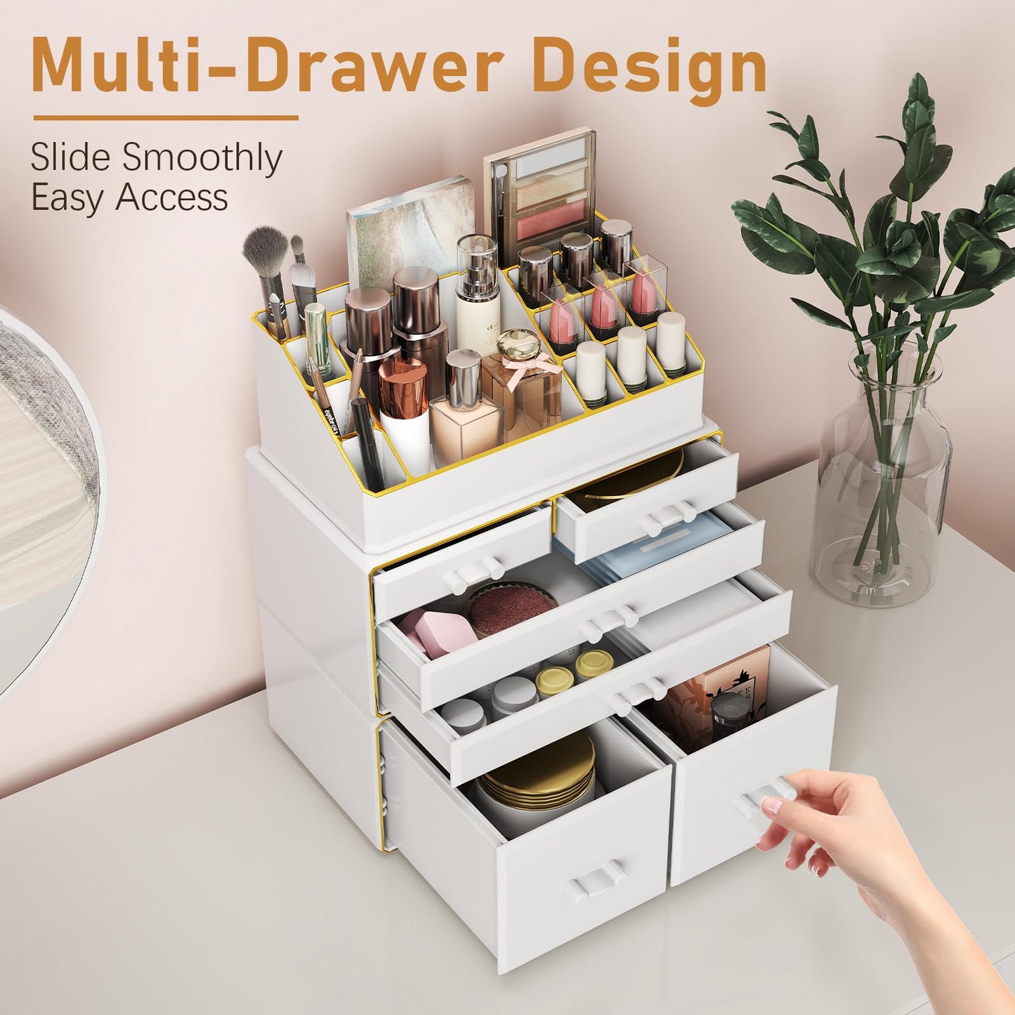 Delamu 3-Tier 6-Drawer Makeup Organizer Countertop Cosmetic Organizer for Dresser and Vanity Bathroom Organizers and Storage for Lipstick Brush Skincare Perfume, Nail Polish, White with Gold Edges
