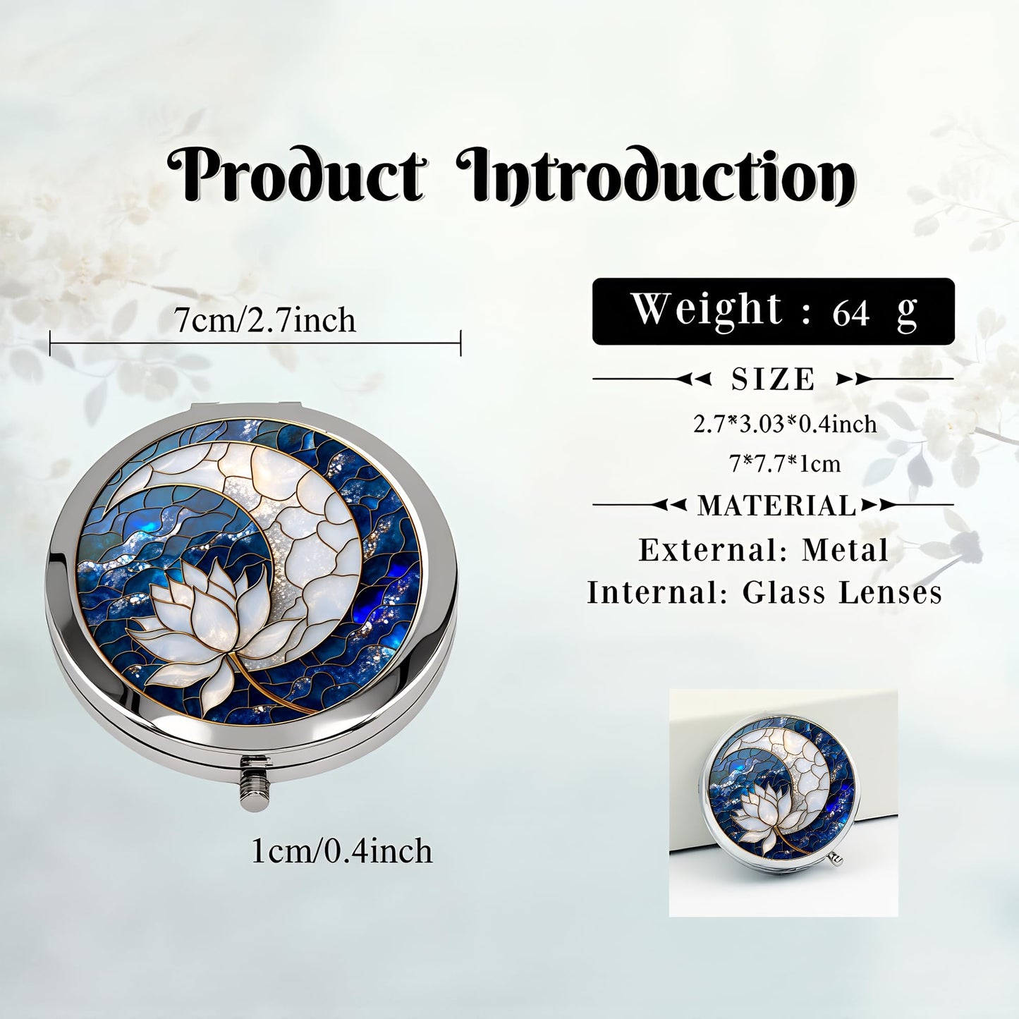 Silver Compact Mirror, 2.8x2.8inch Double-Sided Folding Makeup Mirror with Moon Lotus Stained Design, Ideal Gift for Women