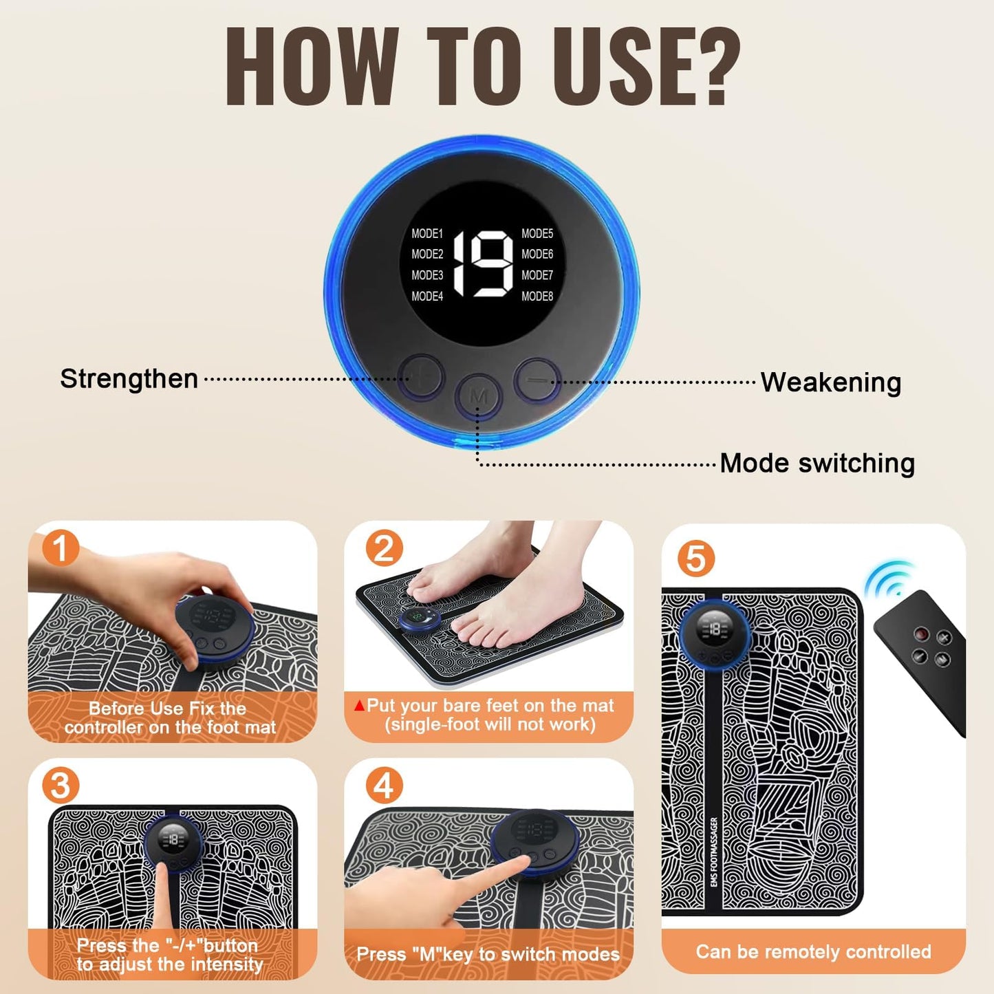 EMS Foot Massager Mat, Portable Foot Massager with Remote Control, Suitable for Both Men and Women, with 8 Modes and 19 Intensity Levels