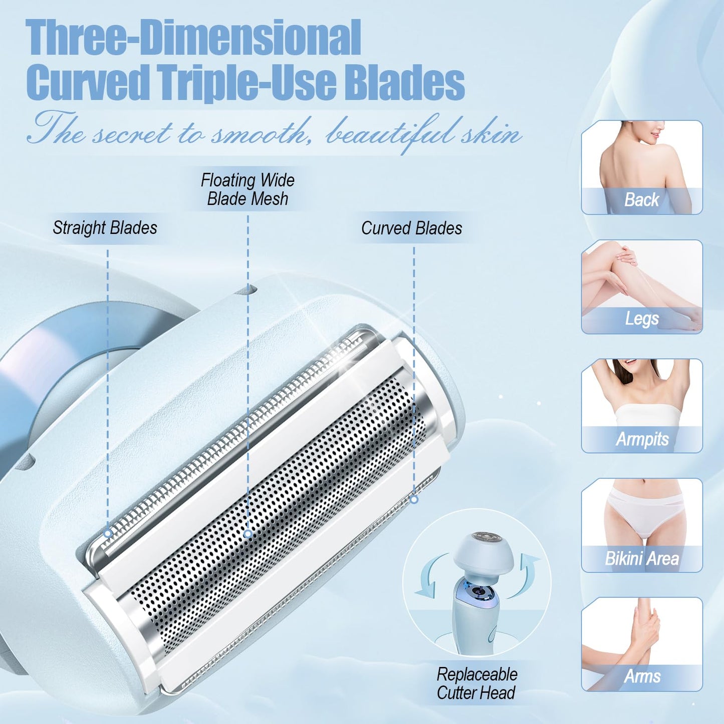 Electric Shaver for Women, 2 in 1 Wet & Dry Silk Glide Pro Shaver with 2 Removable Heads, Rechargeable Electric Razors for Bikini, Pubic Hair, Legs, Body, Blue