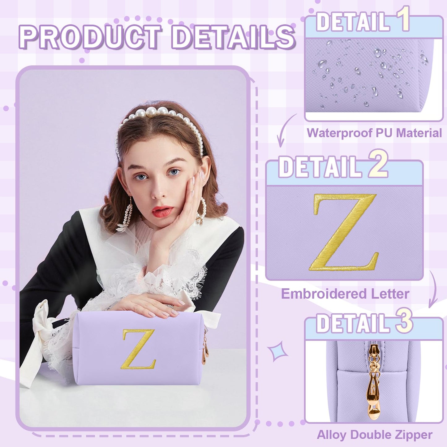 Personalized Gift Initial Makeup Bag,Preppy Gold Embroidered Letter Cosmetic Bag Stocking Stuffers for Teen Girls,Small Travel Toiletry Bag,Custom Christmas Birthday Gift for Women Mom Kids(Purple-Z)