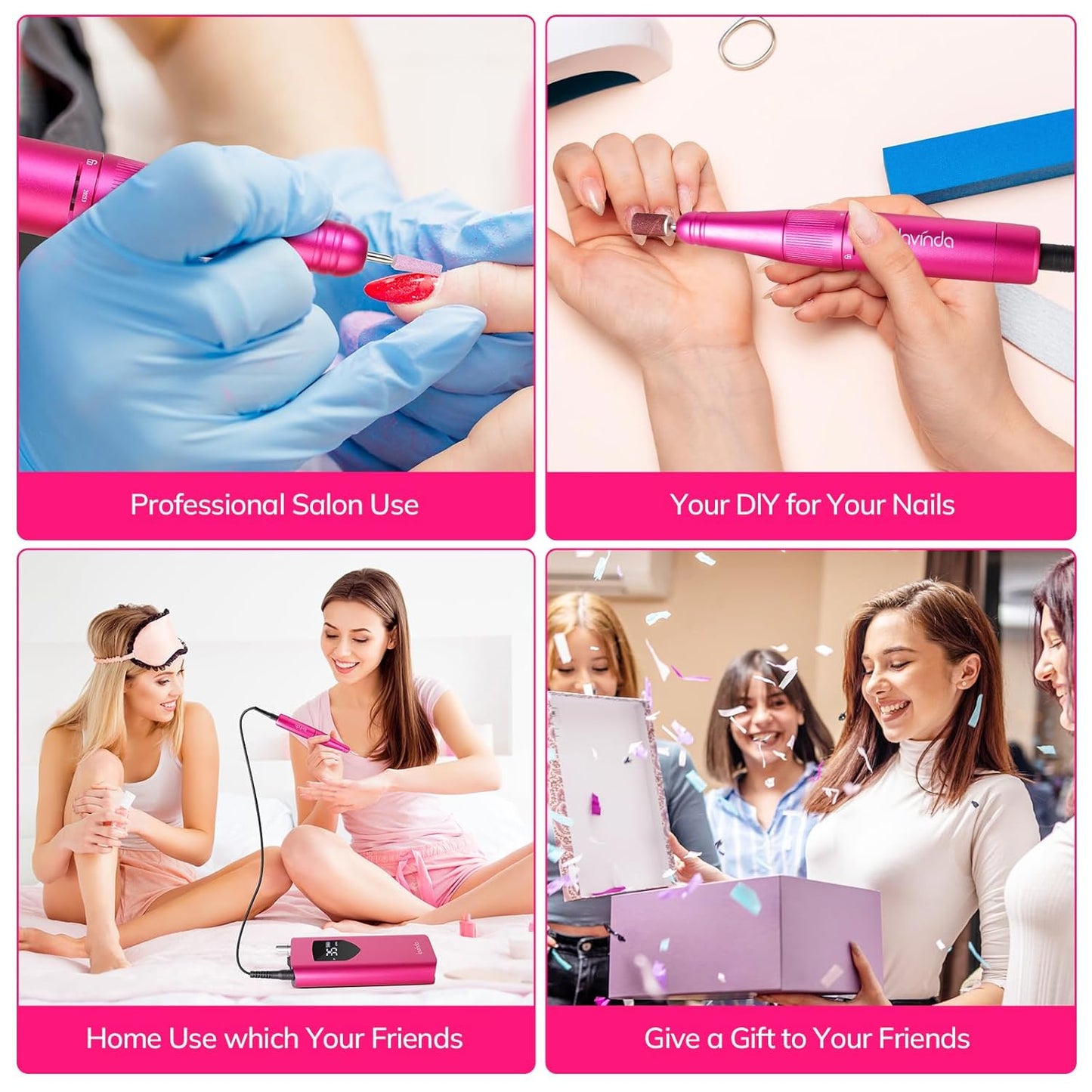 Lavinda Nail Drill - 35000 RPM Cordless Electric File for Acrylic & Gel Nails | Home & Salon Use - Viva Magenta