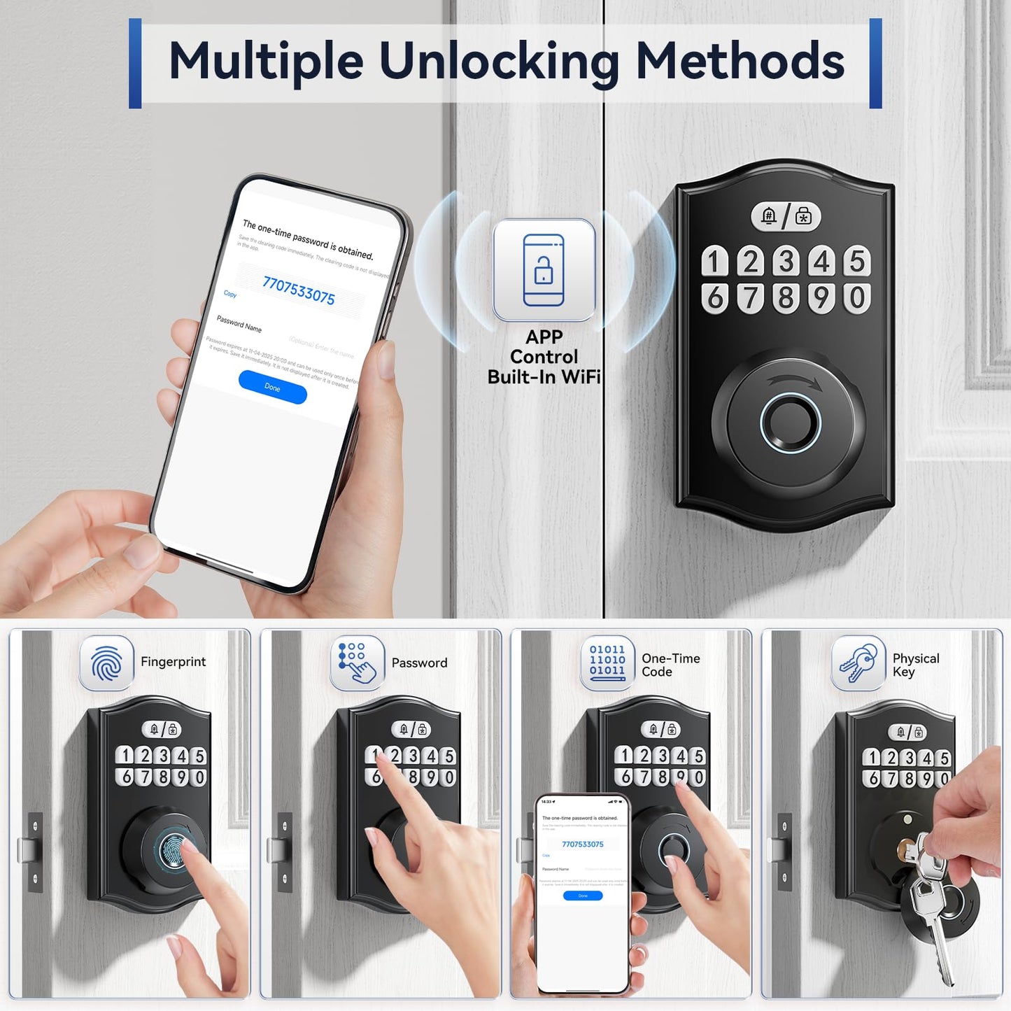 Ulecoce Y58 Built-in WiFi Fingerprint Door Lock Keyless Entry Door Lock for Front Door, Deadbolt Lock for Smart Home Apartment, App Remote Control, 15-Min Easy Install, Grade 3 Anti Security, Black
