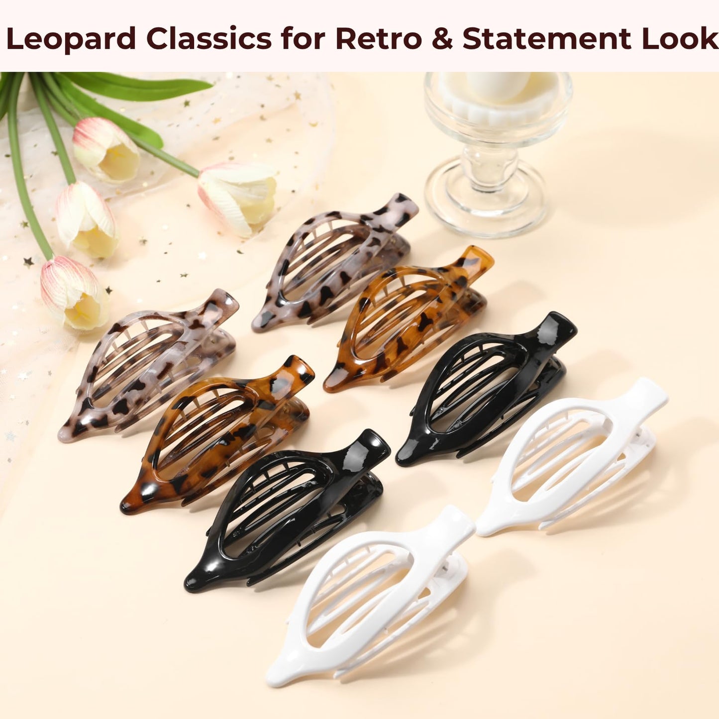 8 Pack Flat Tortoiseshell Hair Clips – French Style Matte Claw Barrettes for Women, Strong Hold Non-Slip Hair Accessories for Thick or Thin Hair, Chic Neutral Leopard Pattern