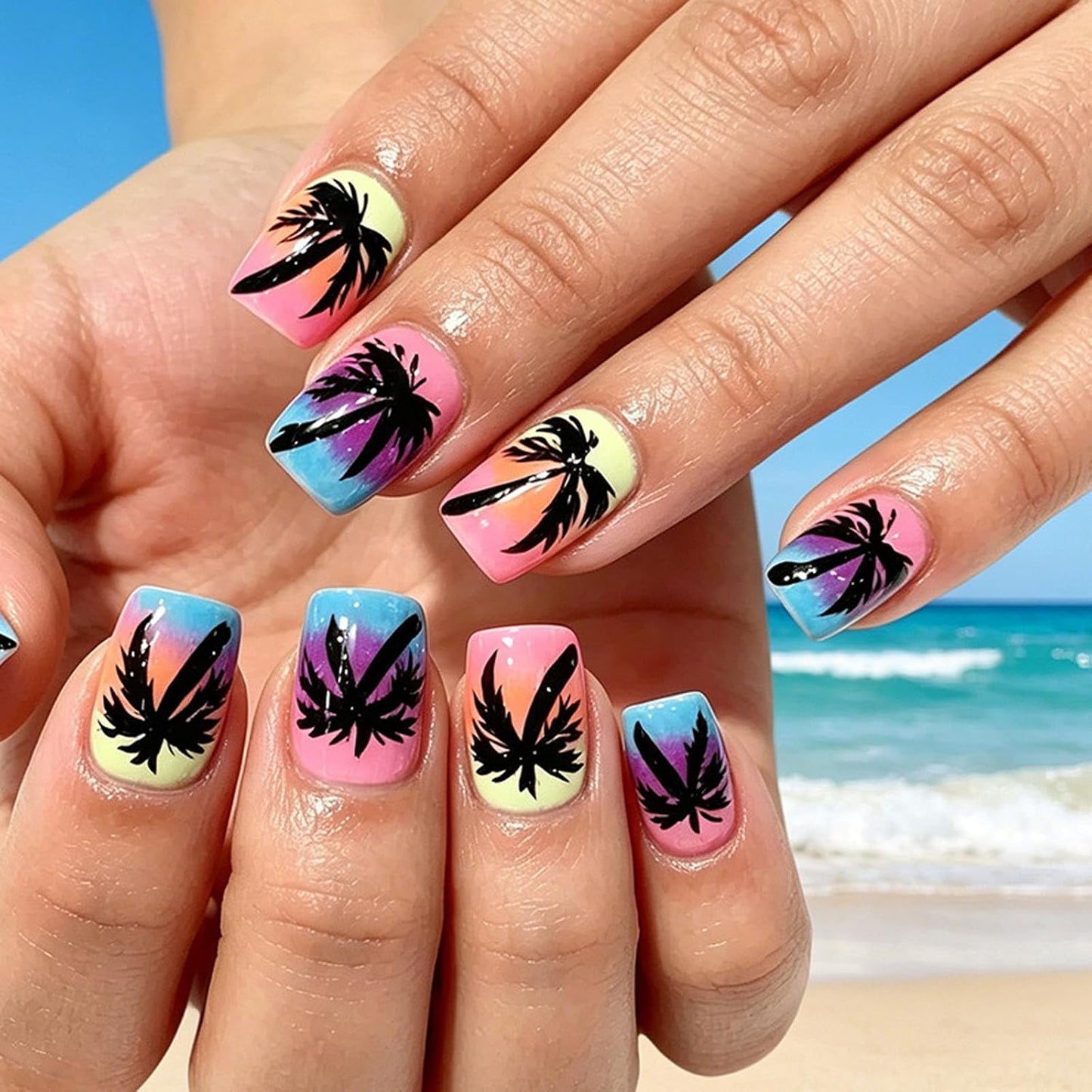 3D Flower Press On Nails | 24 Pcs Short Square Fake Nails with Blue Daisy Designs for Spring & Summer Manicure