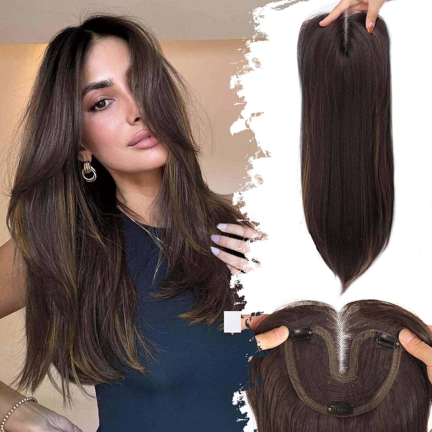 Ash Blonde Synthetic Hair Toppers with Platinum Highlights - 18" Long, 5x6" Base for Thinning Hair, Clip-In Wispy Bangs