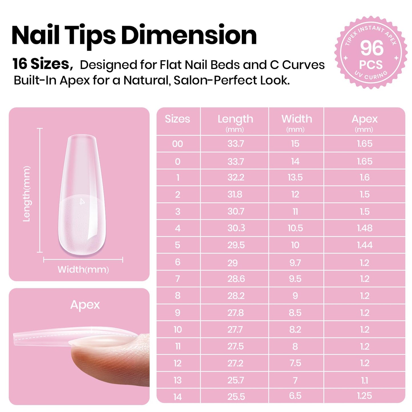Beetles Tipex Lite Instant Apex Nail Tips, Long Coffin, 16 Sizes