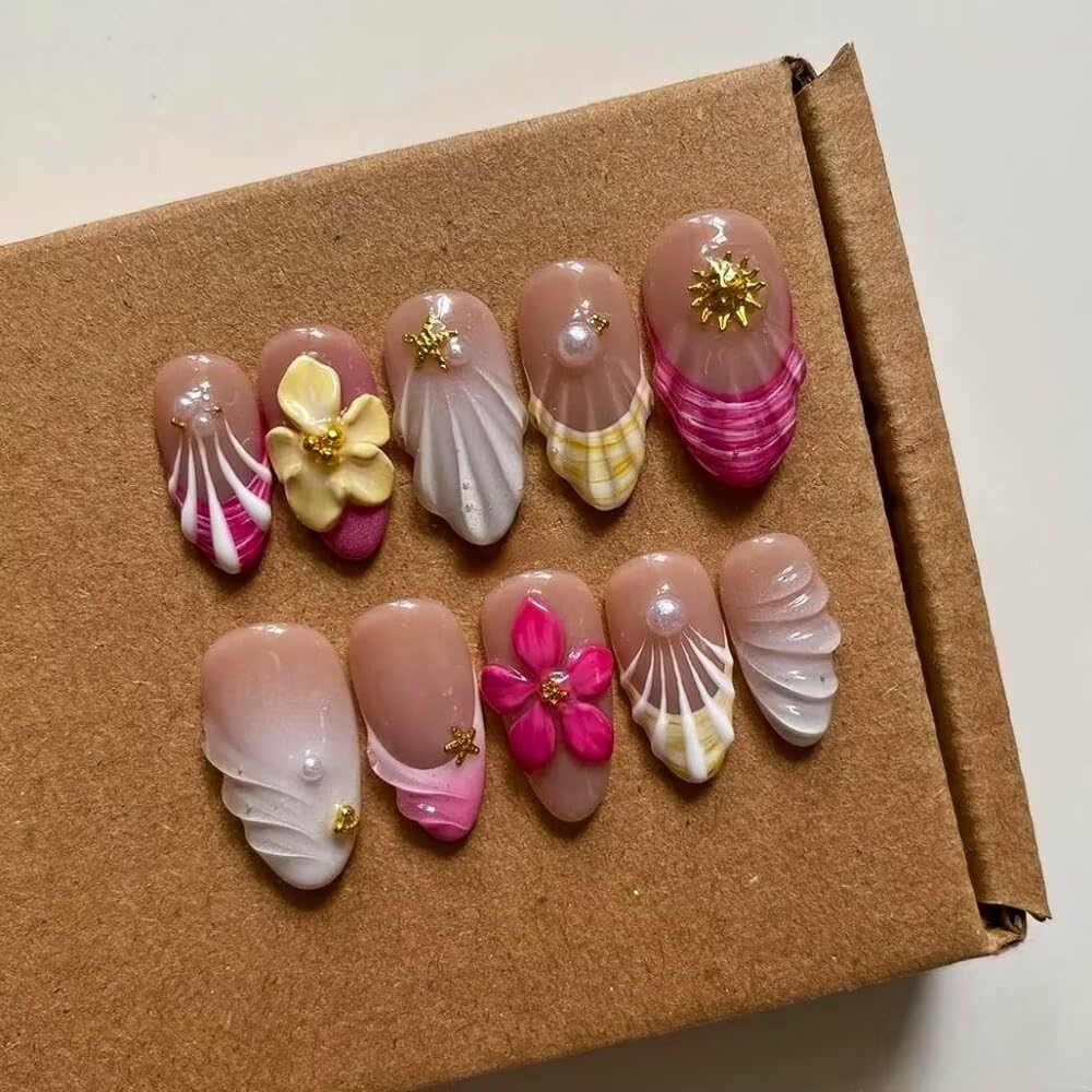 Press On Almond Nails - Handmade 3D Design, Thick Acrylic Gel | Reusable DIY Artificial Nails for Women (10 Pieces)
