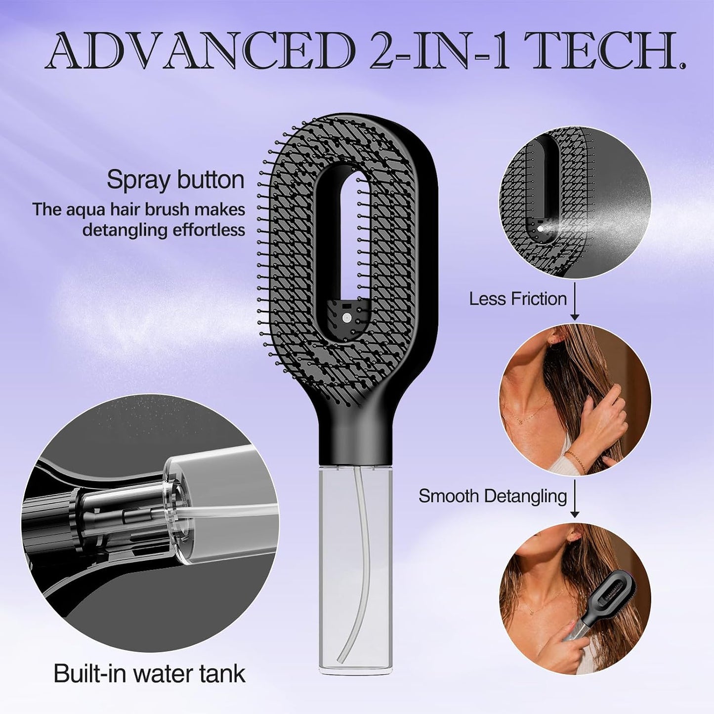 Black Hair Brush with Water Spray - Professional Detangling Tool for Thick Curly Hair | Wet & Dry Styling, Anti-Frizz Essential