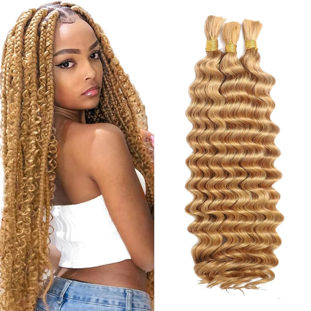 #27 Honey Blonde Human Braiding Hair Deep Wave Bulk 32 32 32 Inch Honey Blonde Deep Wave Braiding Hair Extensions Unproceesed Virgin Hair 50 Gram Per Bundle 3 Bundle