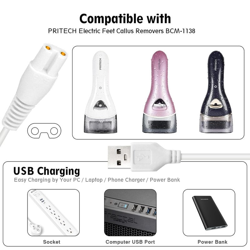 Cordro 2 PCS Charger Cord Replacement for Pritech BCM-1138 Electric Feet Callus Remover Foot Pedicure, USB Power Adapter Charging Cable for Electric Feet Callus Remove