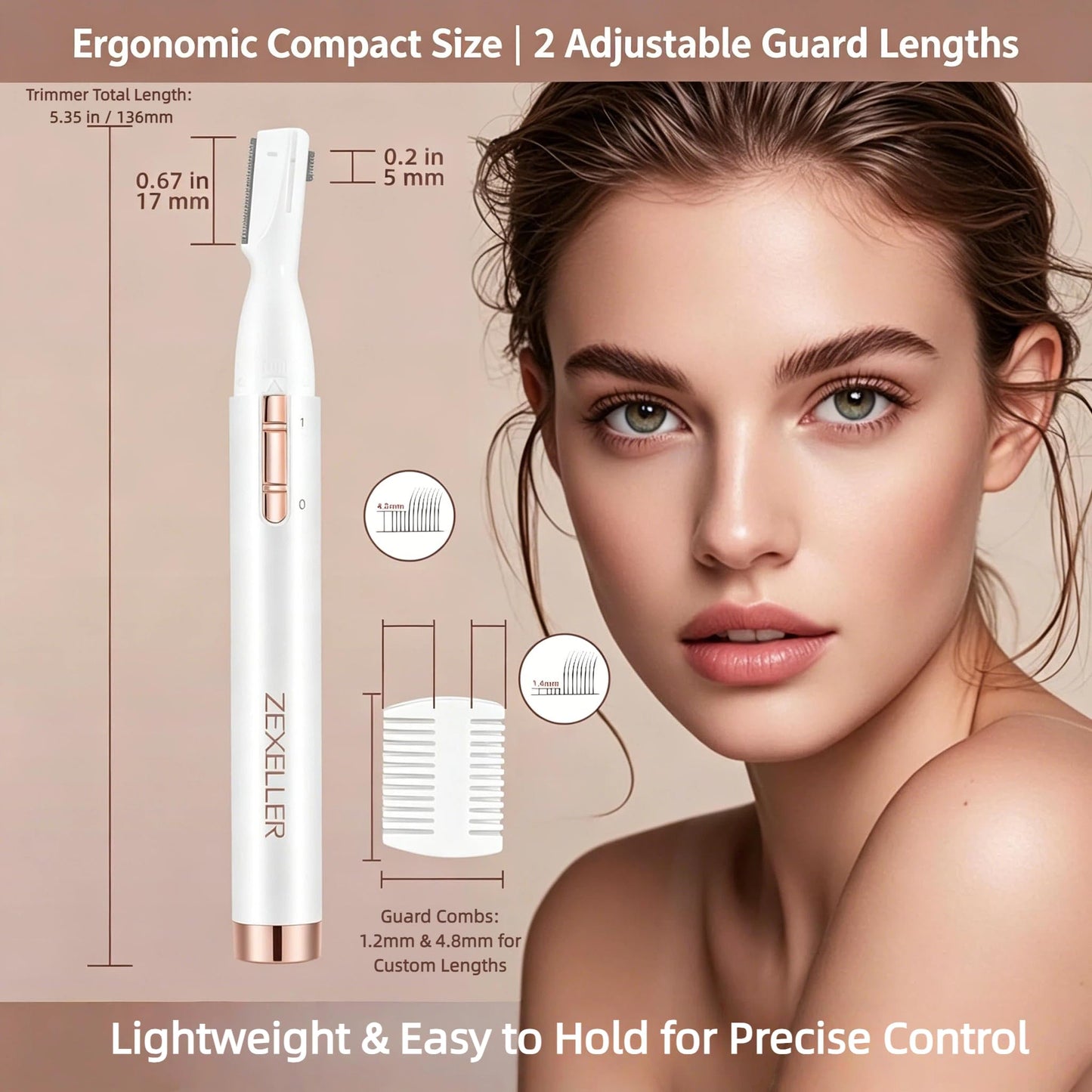 ZEXELLER Upgraded Eyebrow Trimmer, Precision Electric Razor for Women Men, Battery Operated Painless Facial Hair Remover with Adjustable Comb & Washable Blade (Face, Upper Lip, Chin, Neck)