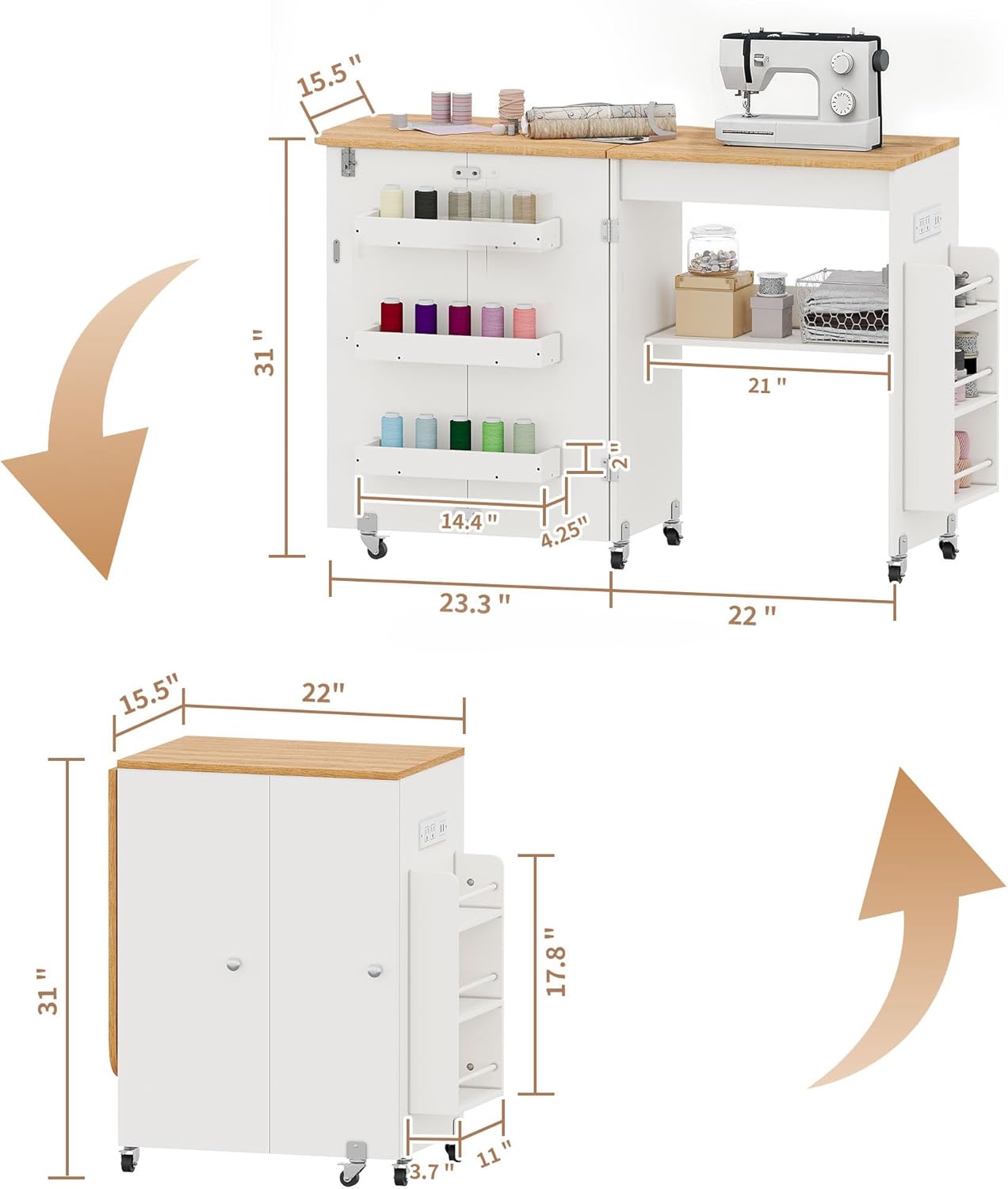 Sewing Table with Storage - Folding Design with Charging Station & Lockable Casters | White