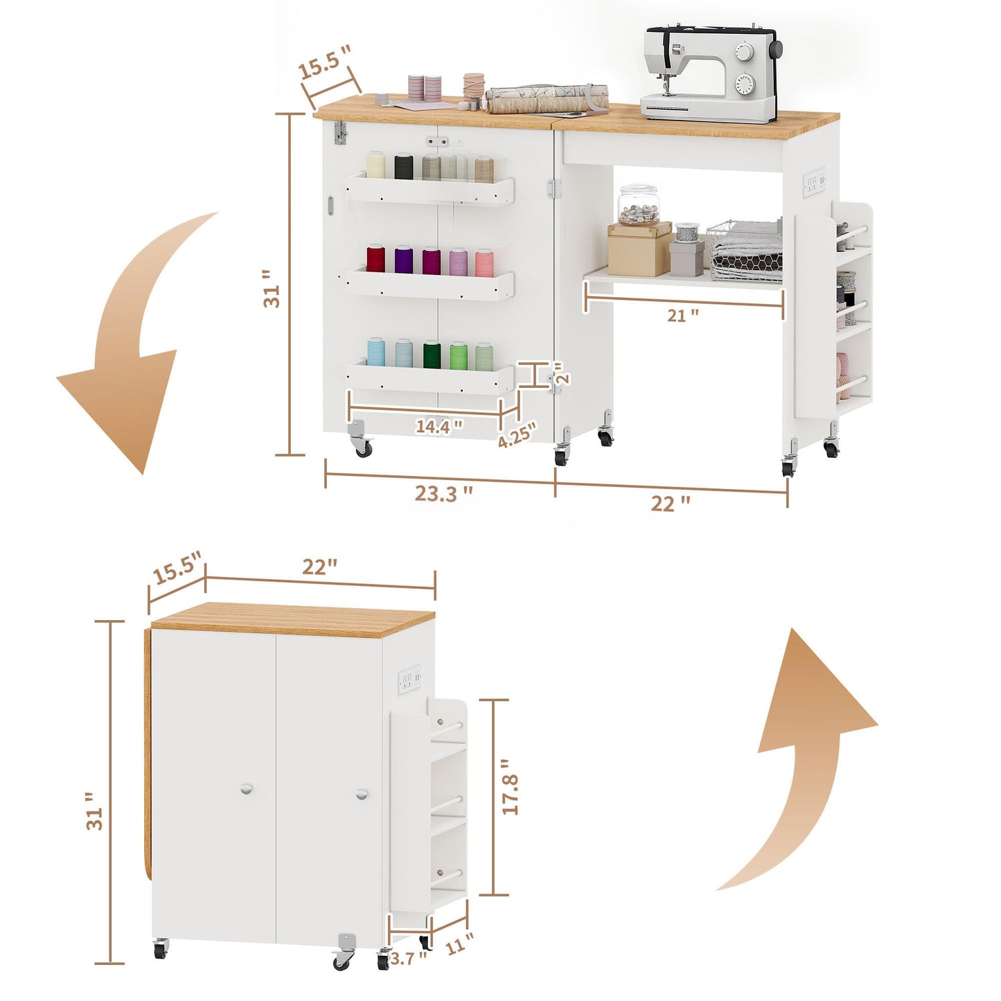 Folding Sewing Table with Power Outlet, Rolling Sewing Desk with Side Storage Rack, Compact Portable Sewing Cabinet for Sewing Machine, Craft Table Organizer for Home (White)