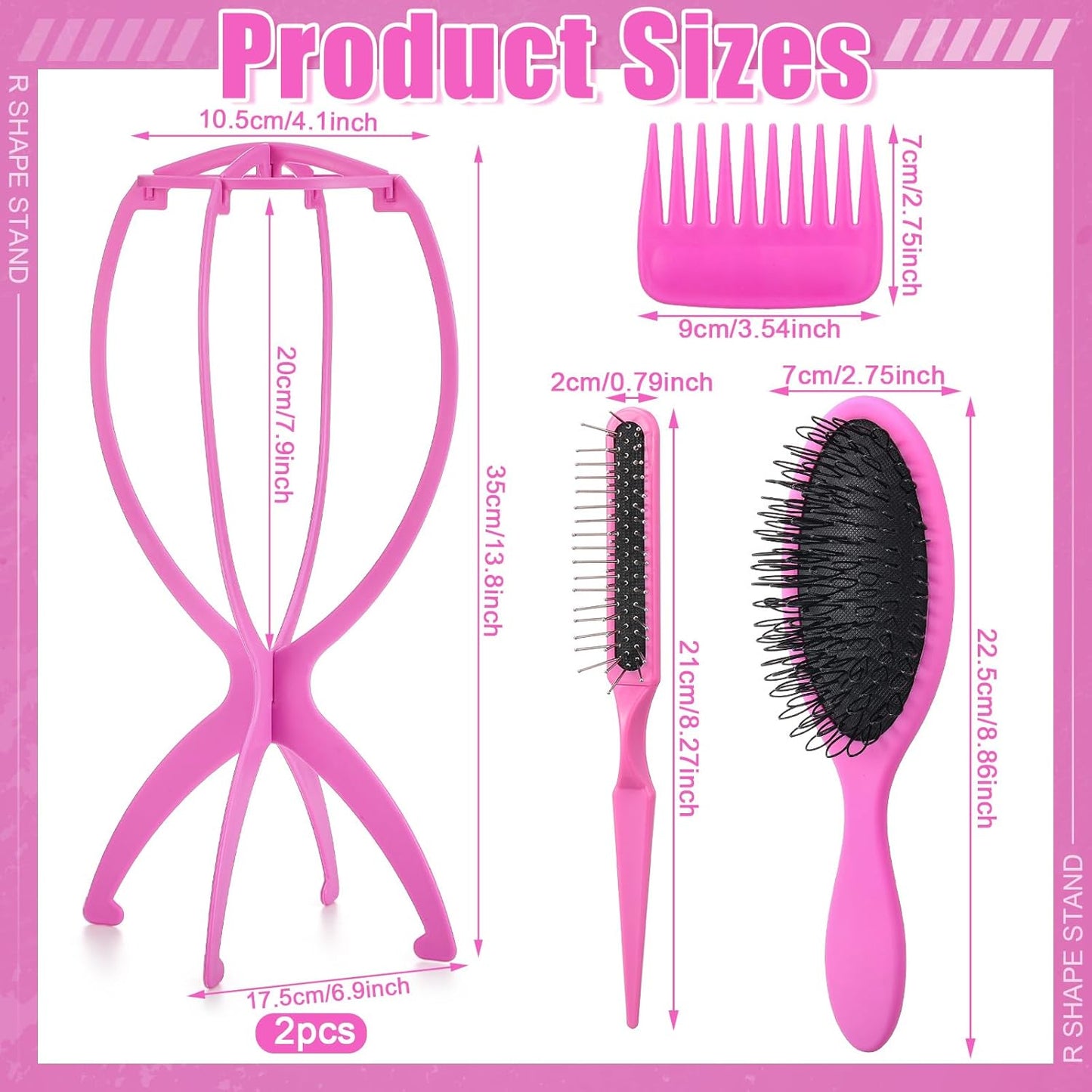 Pink Wig Head Stand Set - 2 Pack with 3 Wig Brushes | Travel Holder for Women’s Wigs
