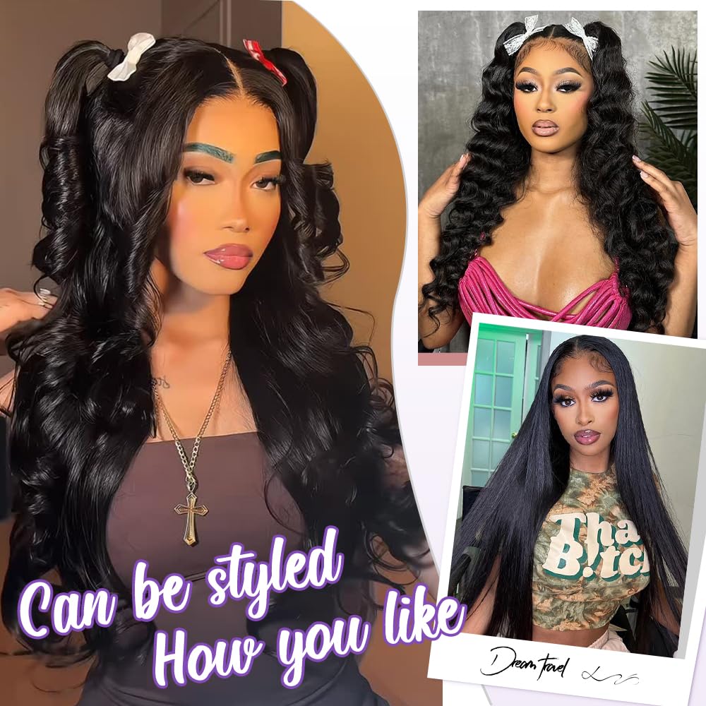 Leseater Lace Front Wigs Human Hair Pre Plucked Real Full Virgin Human Hair Wig HD Transparent Lace 200 Density Body Wave No Mixed With Synthetic Natural Black for Women Long 34 Inch