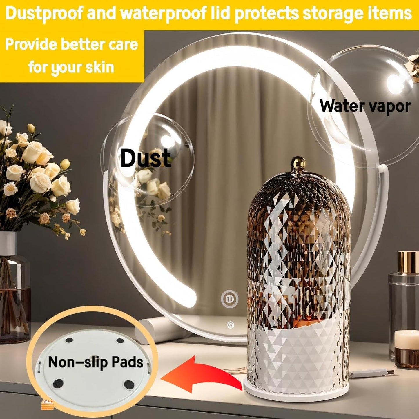 Makeup Brush Holder - 360° Rotating Waterproof Storage Box | Diamond Pattern, White