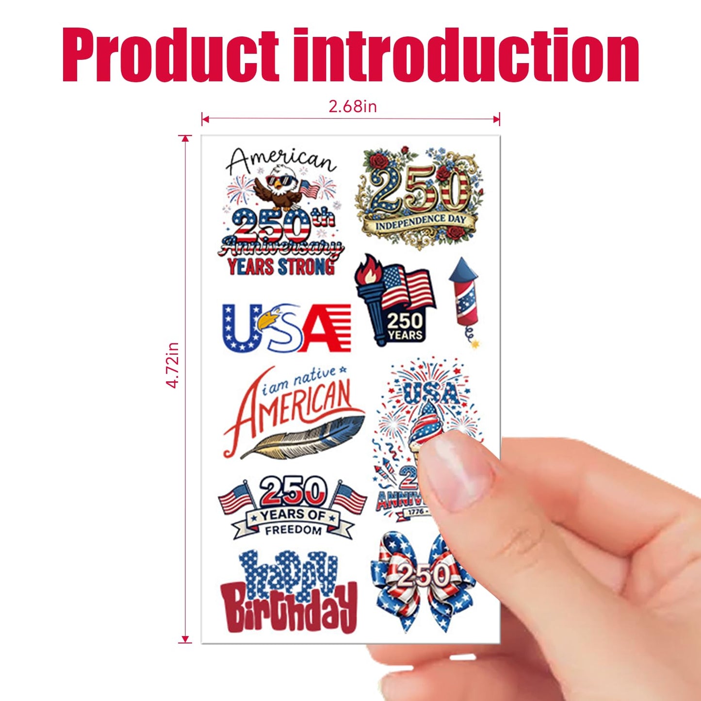 250th Anniversary Temporary Tattoos Set-100 pcs 4th of JulyPatriotic USA 1776–2026 Birthday Tattoos for Adults & Teens,America 250 Decorations Independence Day Party Favors