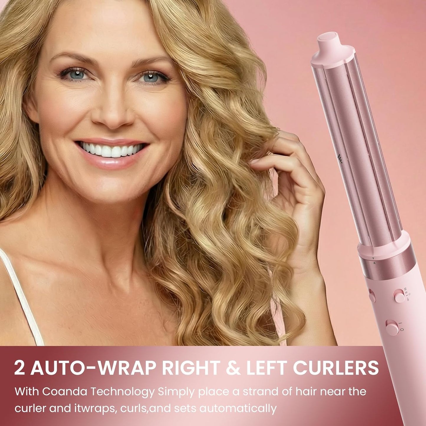 Dual Voltage Hair Dryer Brush - 5 in 1 Hot Air Styler with Auto Wrap Curlers | Fast Drying, Volumizing, Peach Pink