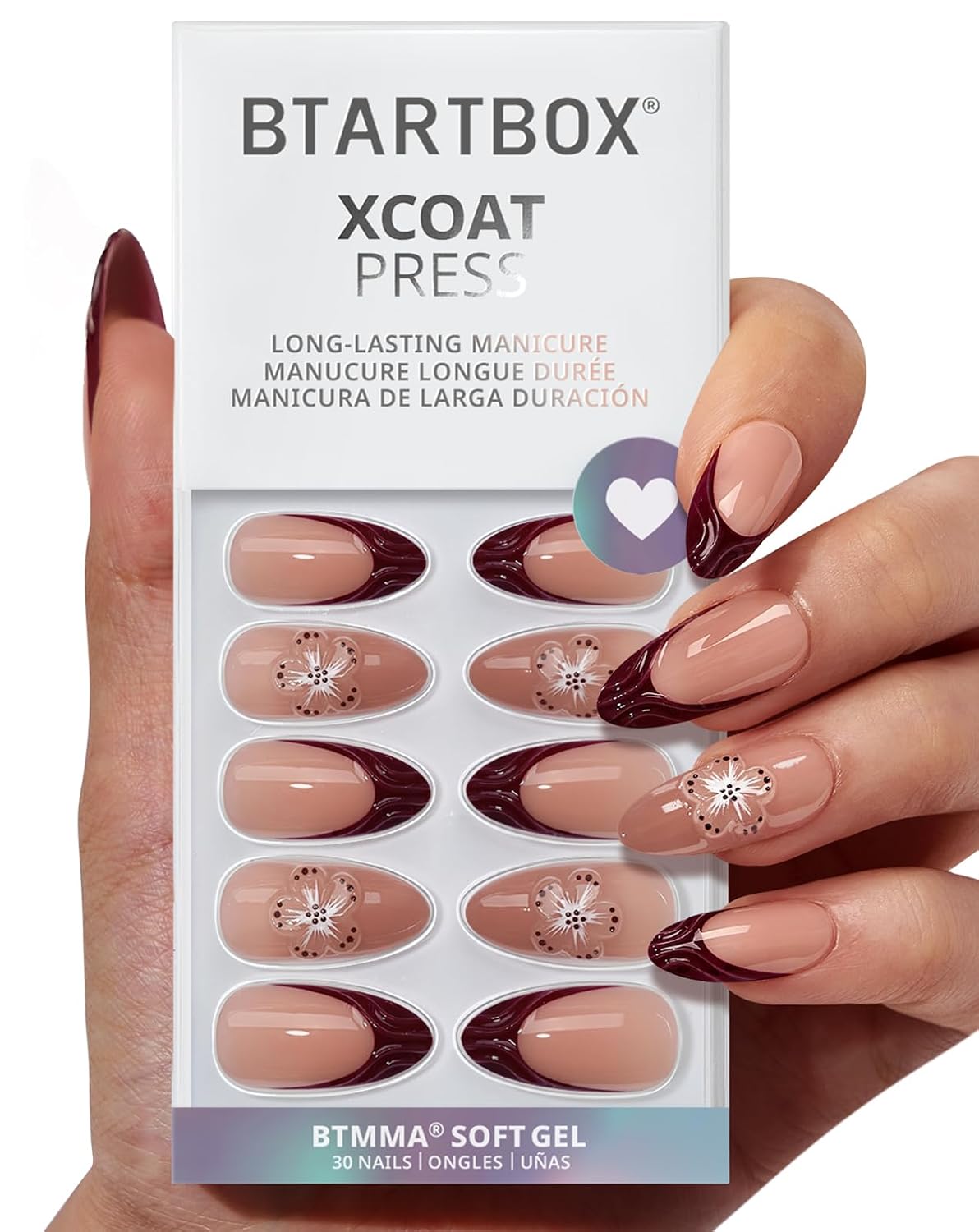 Short Almond Press On Nails - Aurora French Tip, 32 Piece Glue-On Nail Kit | Natural Look, 16 Sizes Available