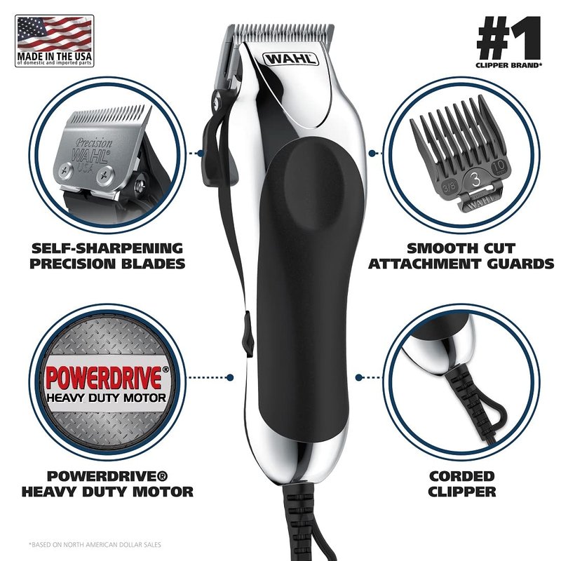 Wahl USA Hair Clipping Kit - Chrome Pro Corded Clipper for Men | Powerful Grooming & Beard Trimming - Model 3024635