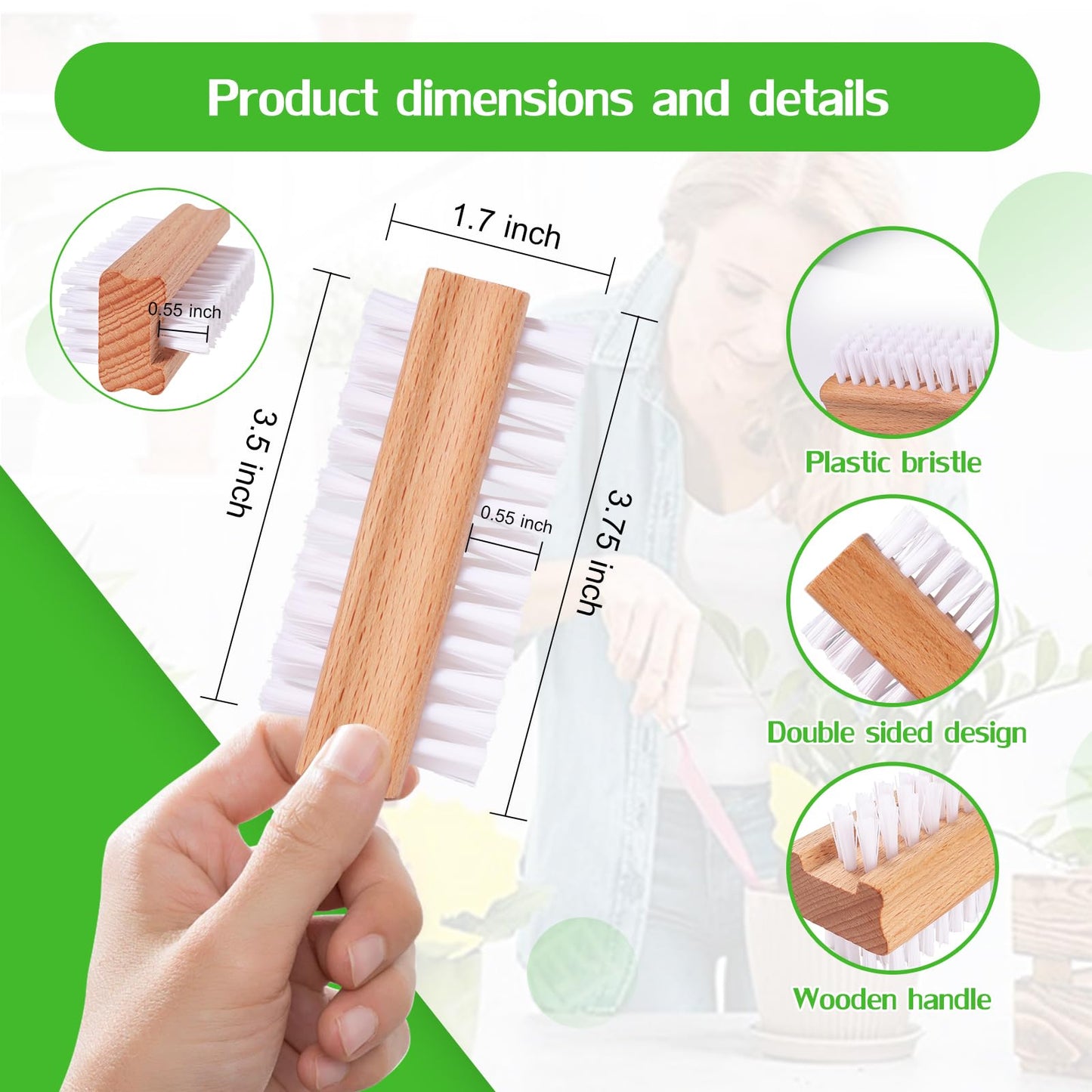 SAMEBUTECO 2 Pack Non-Slip Wooden Hand & Nail Brush,Dual-Sided Fingernail Scrub Brush for Deep Cleaning Nails,Hands & Feet Heavy Duty Mechanic Hand Brush with Stiff Bristles and Molded Beech-wood Grip