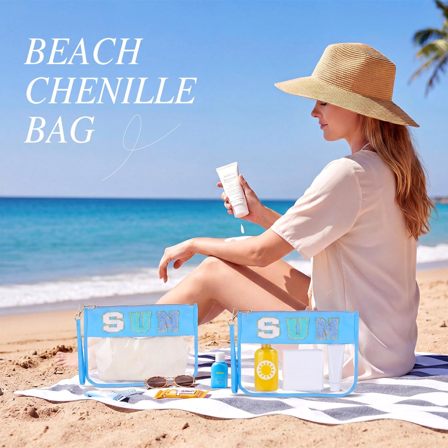 Kacctyen 6 Pcs Sun Bags Chenille Letter Clear Makeup Bag with Zipper Waterproof Cosmetic Toiletry Pouch with Handle Gym Travel Summer Gifts for Women Girls(Blue, SUN)