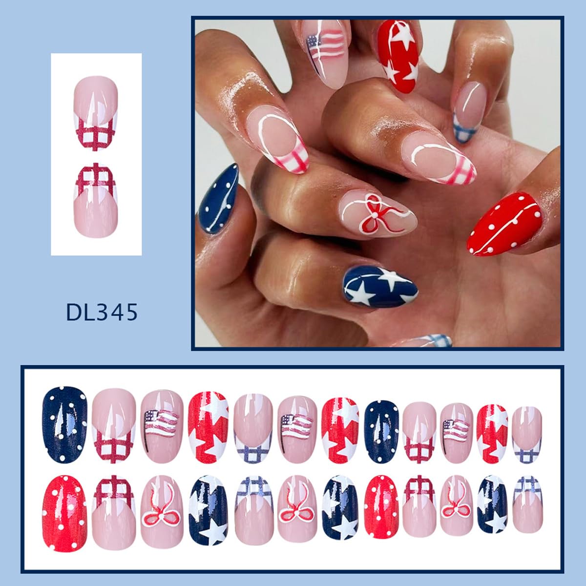 4th of July Press on Nails Medium Oval Fake Nails French Tip Glue on Nail with Star | Polka Dot | Bow Designs Independence Day Press ons Stick on Nail 4th of July Nails for Women Manicure 24Pcs