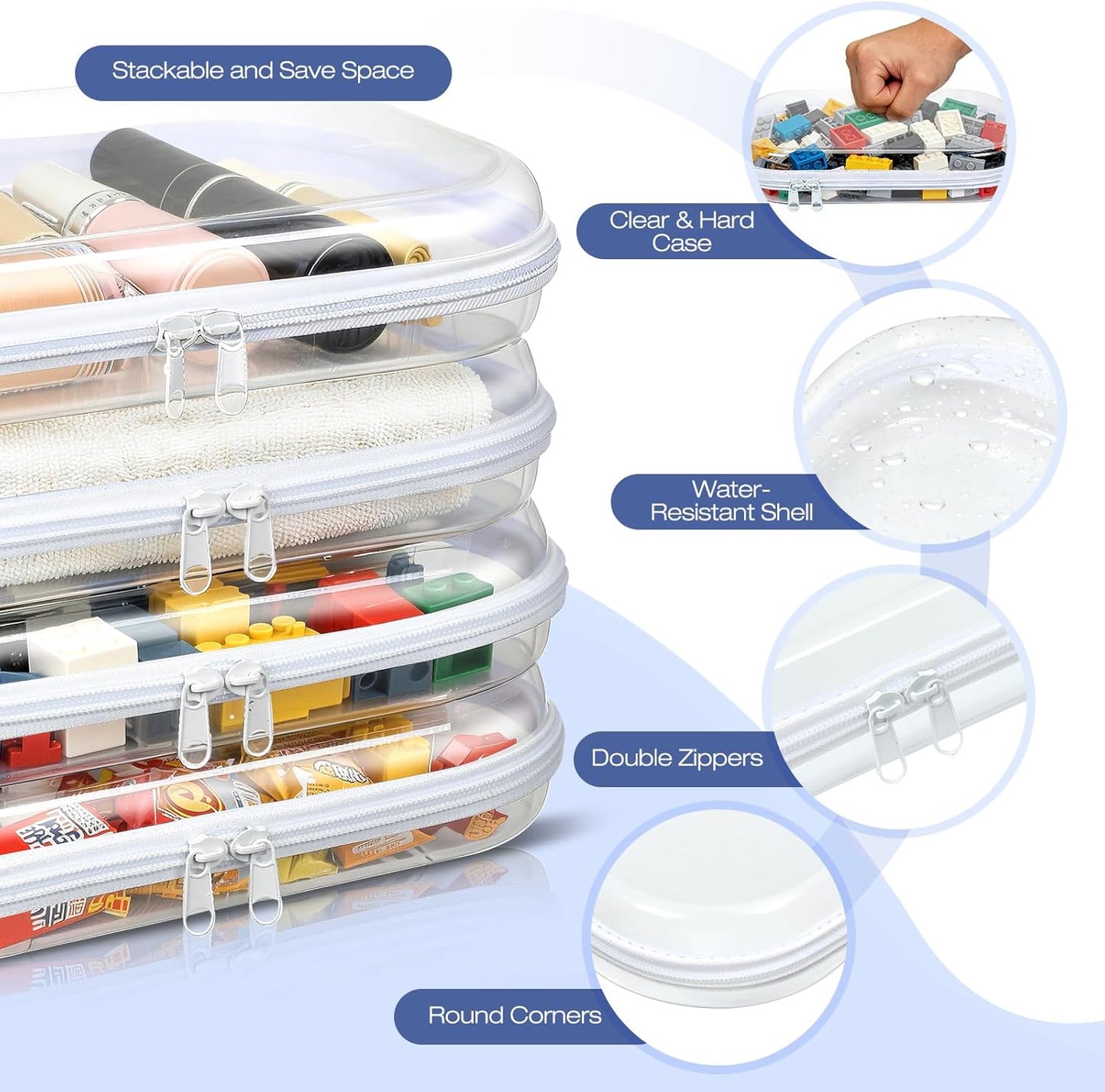 Clear Hard Shell Zipper Case - 4 Pack Diaper Bag Organizer Pouches | Waterproof Toiletry & Makeup Bags for Travel