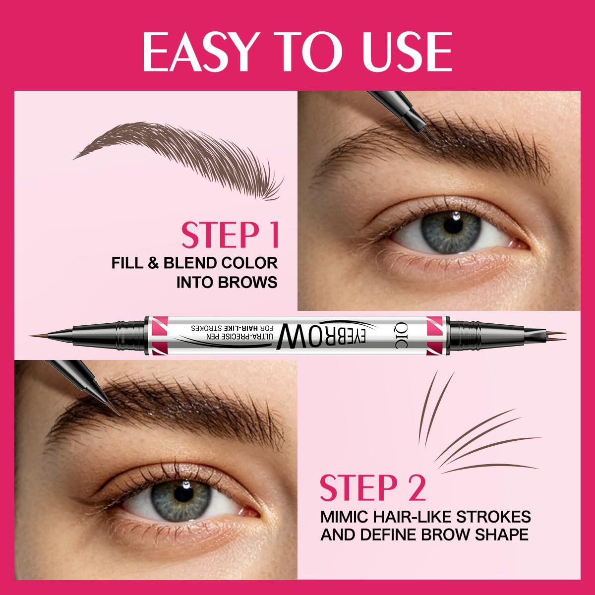 Eyebrow Pen - Eyebrow Pencils for Women, W3W Dual-Ended Microblading Eyebrow Pen, Micro-Fork-Tip + Ultra-Fine Brush Tip, Waterproof Smudge-Proof, Create Natural Hair-Like Brows (Light Brown)