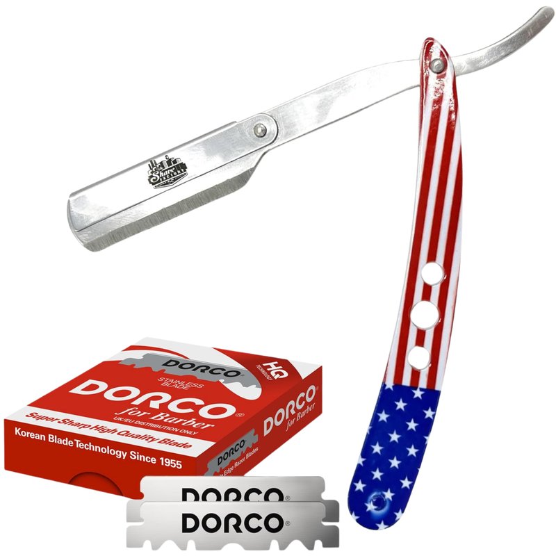The Shave Factory Straight Edge Razor Kit - with Single Stainless Steel razors (USA + Red)