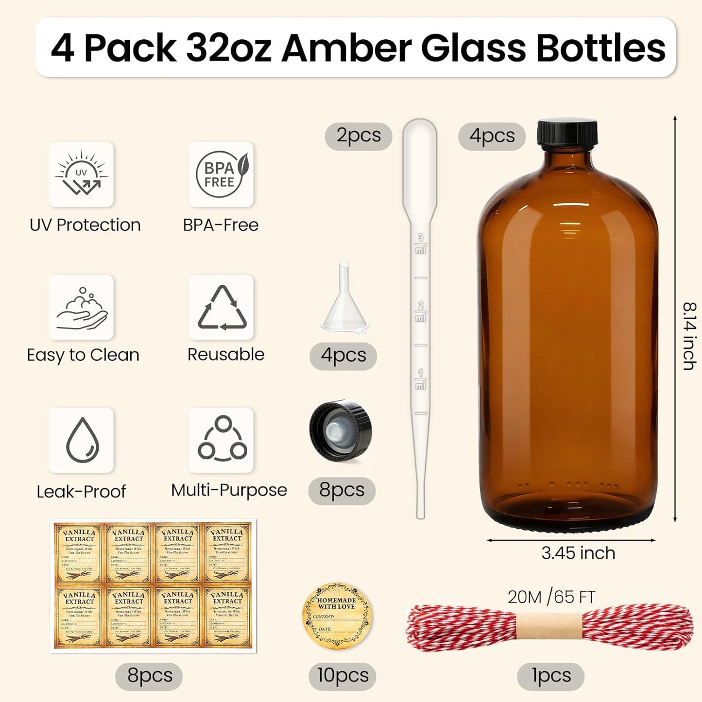 Amber Glass Boston Round Bottles - 32 oz | 4 Pack Leakproof Storage for Kombucha, Extracts & Oils